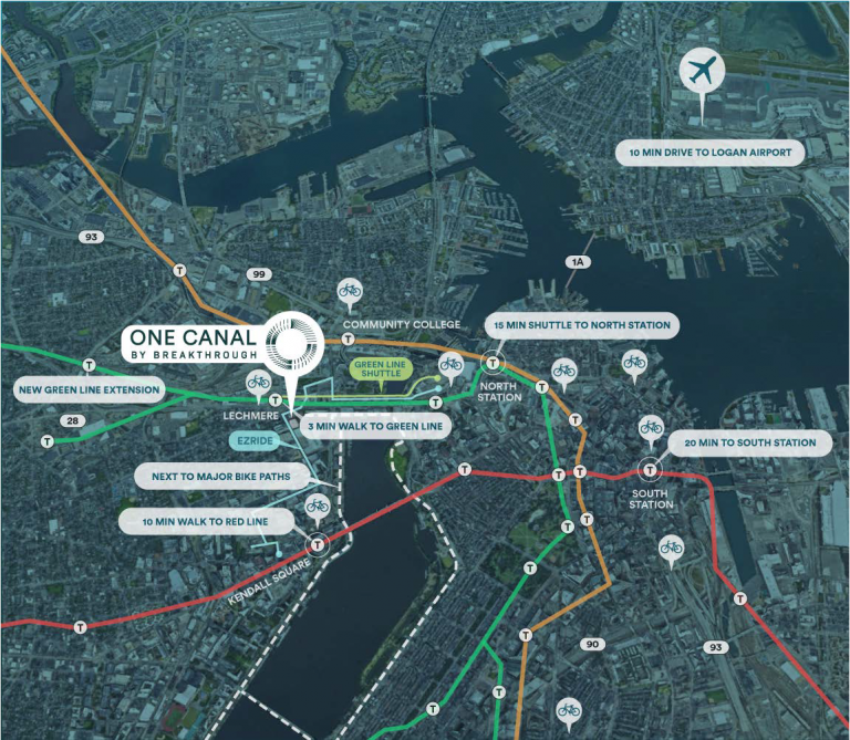 Map showing One Canal location with distances to nearby train stations